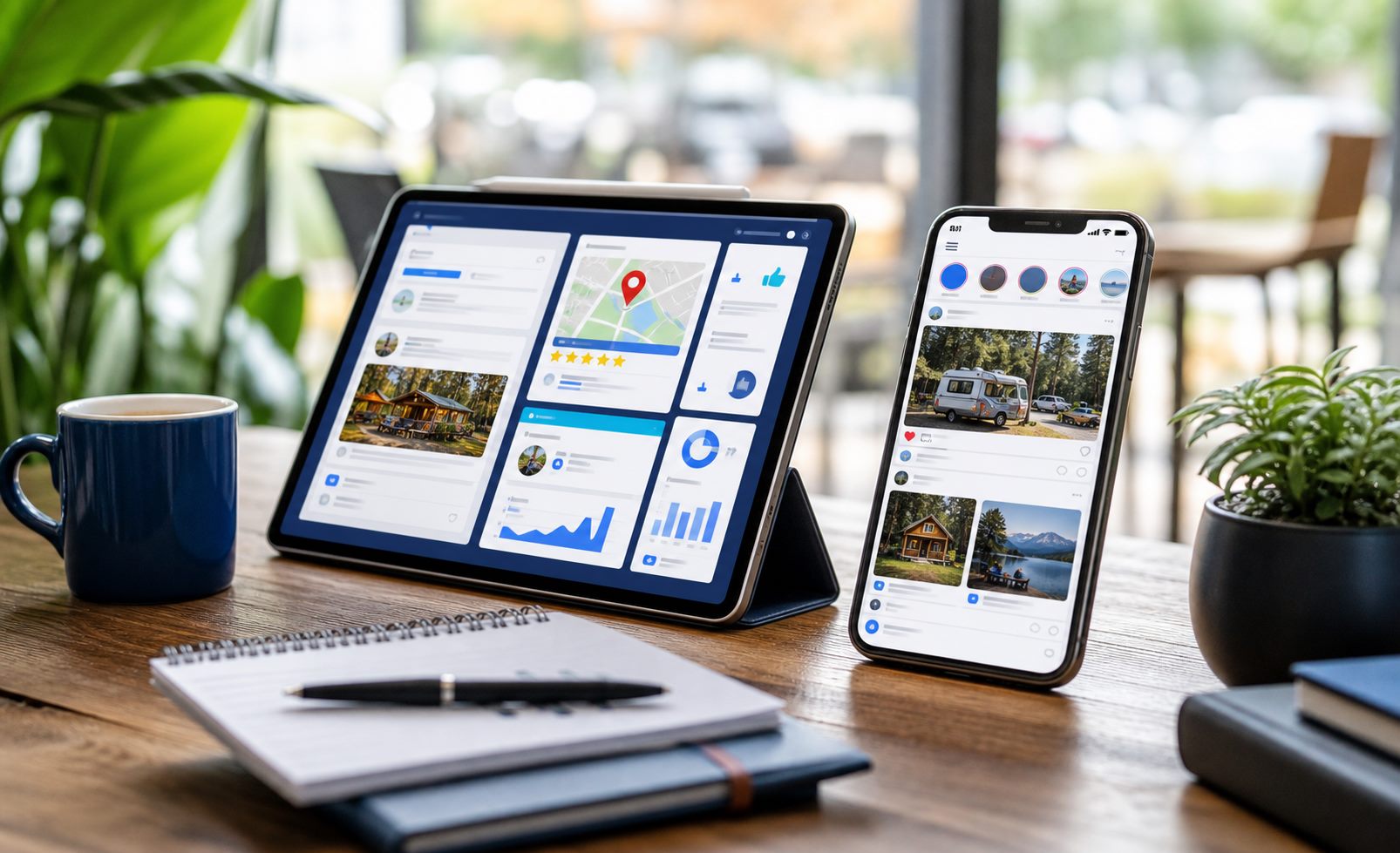 Phone and tablet showing local visibility, reviews, social media, and listing activity