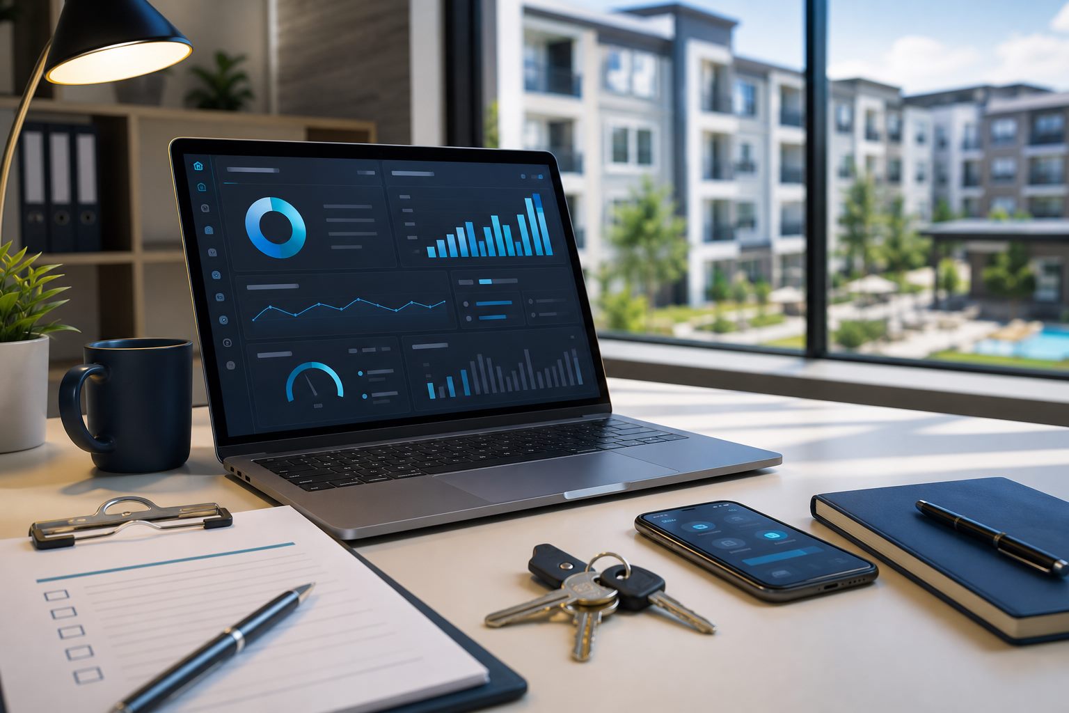 Property workflow desk with online systems, keys, and contact follow-up tools